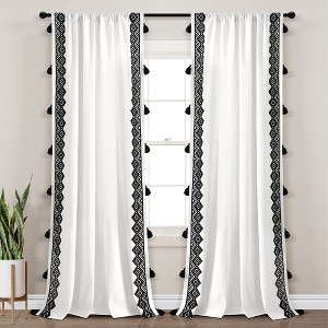 Aztec Diamond Border Tassel Window Curtain Panels Off White/Black Single 52X84 - 1 of 4