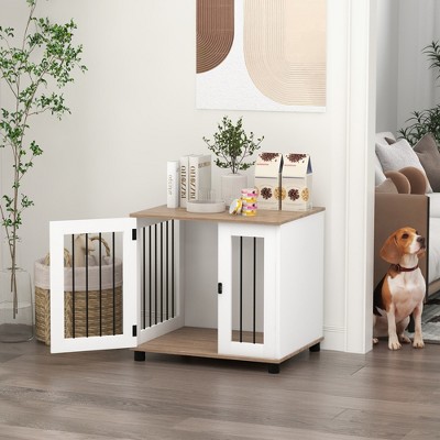 White and Brown Wooden Dog Crate Side Table