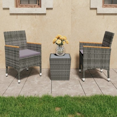 vidaXL 3 Piece Bistro Set Poly Rattan and Tempered Glass Gray