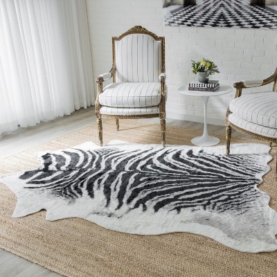 Acadia Black and White Faux Fur Zebra Area Rug