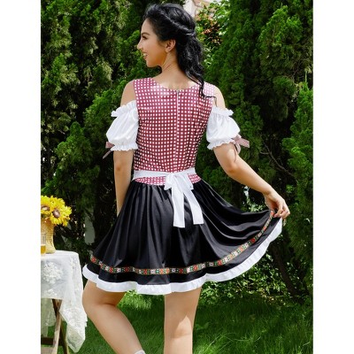 Women's Color Block Plaid Dress - Vintage Inspired Cold Shoulder Square Neck Short Sleeve Midi Dress