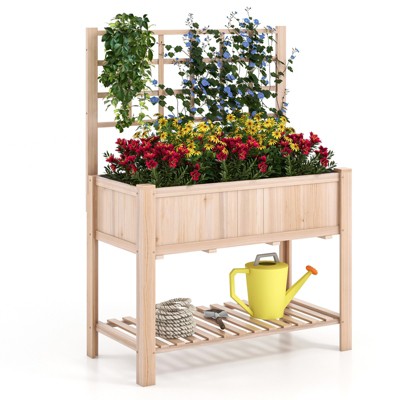 Tangkula Raised Garden Bed with Trellis 48x23x63 Inch Elevated Planter Box with Bed Liner Bottom Storage Shelf