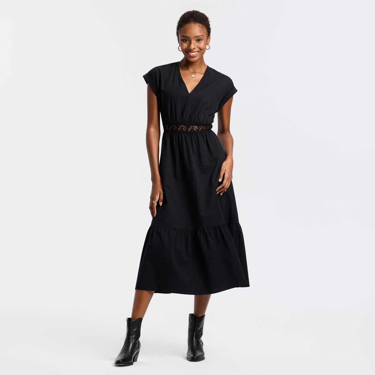 Women's Cap Sleeve Lace Waist Midi A-Line Dress - A New Day™