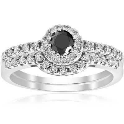 Pompeii3 7/8ct Black Pave Halo Diamond Vintage Engagement Wedding Ring Set 14k White Gold