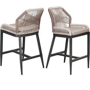 Woven Outdoor Counter Height Bar Stools Chairs Set of 2, Rattan Garden Counter Stools with Aluminum Frame with Backrest for Kitchen, Patio, Garden - 1 of 4