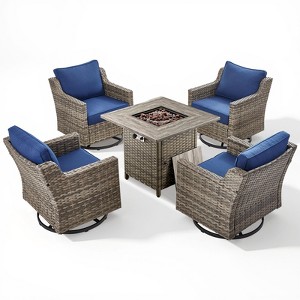 Buenhomino 5 Piece Wicker Outdoor Patio Furniture Set with 50000 BTU Fire Pit Table,Outdoor Dining Table Set 4 Swivel Chairs with Cushions - 1 of 4
