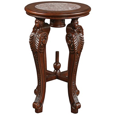 Round Wood and Stone End Table with Marble Inlay