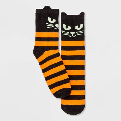 Women's Black Cat with Glow in the Dark Eyes Halloween Crew Socks - Hyde & EEK! Boutique™ Black/Orange 4-10