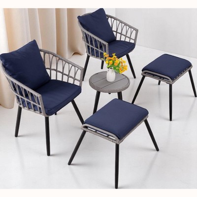 Mshliw 5-Piece Patio Bistro Set with Ottoman, Outdoor Rattan Table and Chairs Set for Porch, Balcony, or Deck – Cushions, Tempered Glass Coffee Table