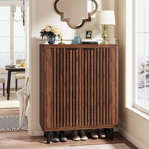 MOEPISY Modern Walnut Wooden 6-Tier Shoe Cabinet with Louvered Doors - 1 of 4