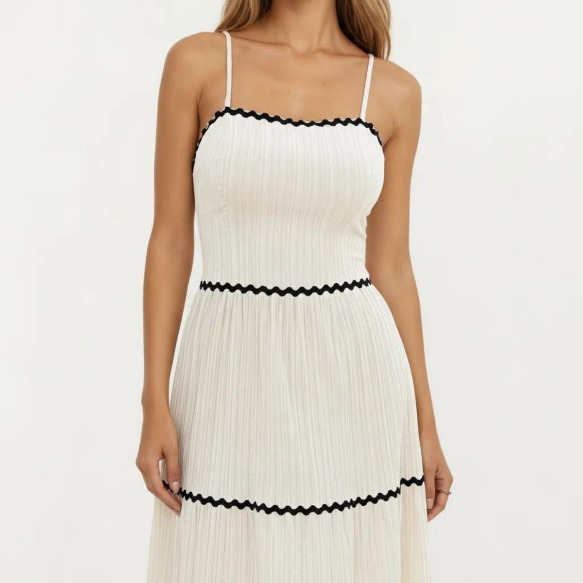 Женские платья Anna-Kaci Women's Sleeveless Pleated Maxi Dress with Spaghetti Straps Contrast Trim Detail and Flowy Tiered Silhouette - Small, Light Beige — фото 5