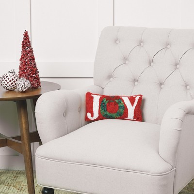 Festive Red and White Embroidered Joy Wreath Pillow