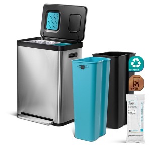Home Zone Living 19 Gallon Stainless Steel Dual Trash and Recycling Can with CleanAura Odor Control and Soft Close Lid, Silver - 1 of 4