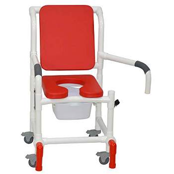 MJM International Corporation Shower chair 18 in width 3 in totalRED seat RED cushion padded back dual arms 10 qt slide mode pail 300 lb wt
