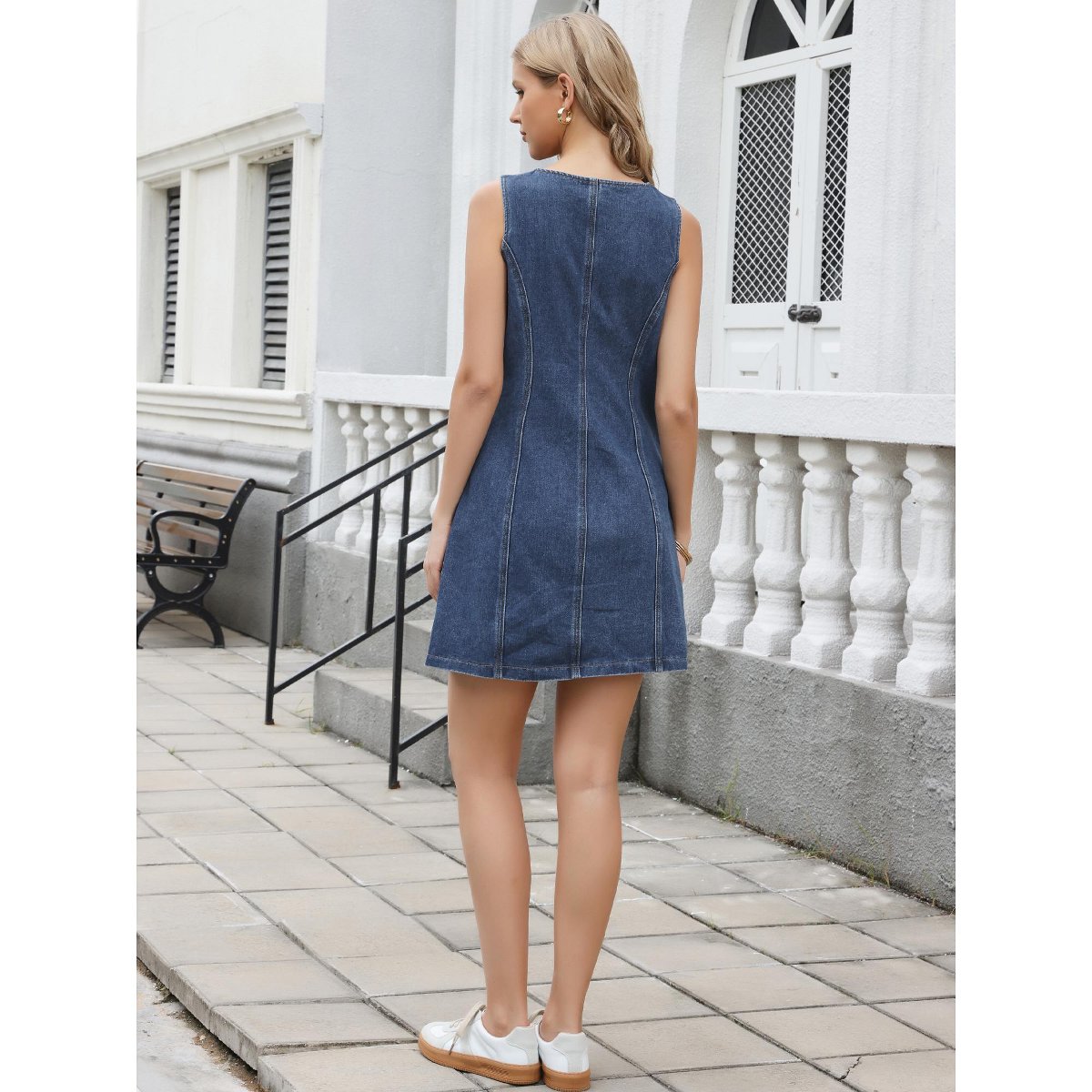 Женские платья INSPIRE CHIC Women's Denim Button Down Sleeveless Crew Neck Pockets Pencil Mini Jean Dresses Medium Dark Blue — фото 3