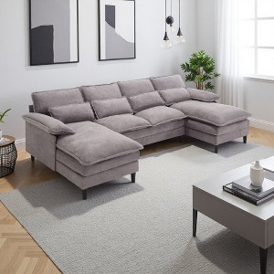 U-Shaped Modular Sectional Sofa with Chaise Lounge, Terrycloth Upholstery, 4-Seater - 1 of 4