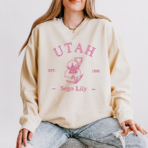 Simply Sage Market Women's Lightweight Garment Dyed Graphic Sweatshirt Embroidered Utah Sego Flower - 1 of 4