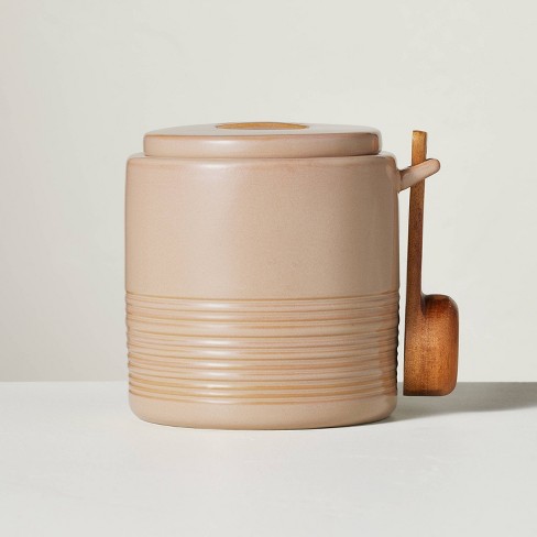 16oz Ribbed Stoneware Coffee Canister With Wood Scoop Blush