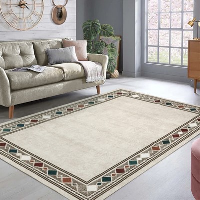 5x7 Washable Rugs for Living Room Modern Geometric Print Area Rugs Non Slip Low Pile Bordered Carpet Stain for Bedroom, Office & Kitchen