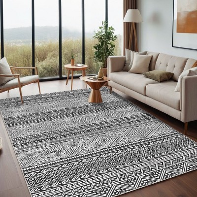 Modern Geometric Area Rug, Plush Faux Wool Machine Washable Large Carpet with Non-Slip Backing for Living Room, Dining Table