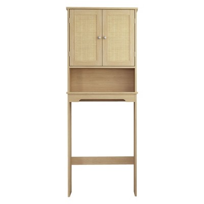 VANIRROR Over the Toilet Storage Cabinet,Natural Wood Bathroom Cabinet with Rattan Doors and Adjustable Shelves,Space-Saving Above Toilet Storage