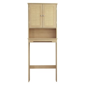 VANIRROR Over the Toilet Storage Cabinet,Natural Wood Bathroom Cabinet with Rattan Doors and Adjustable Shelves,Space-Saving Above Toilet Storage - 1 of 4