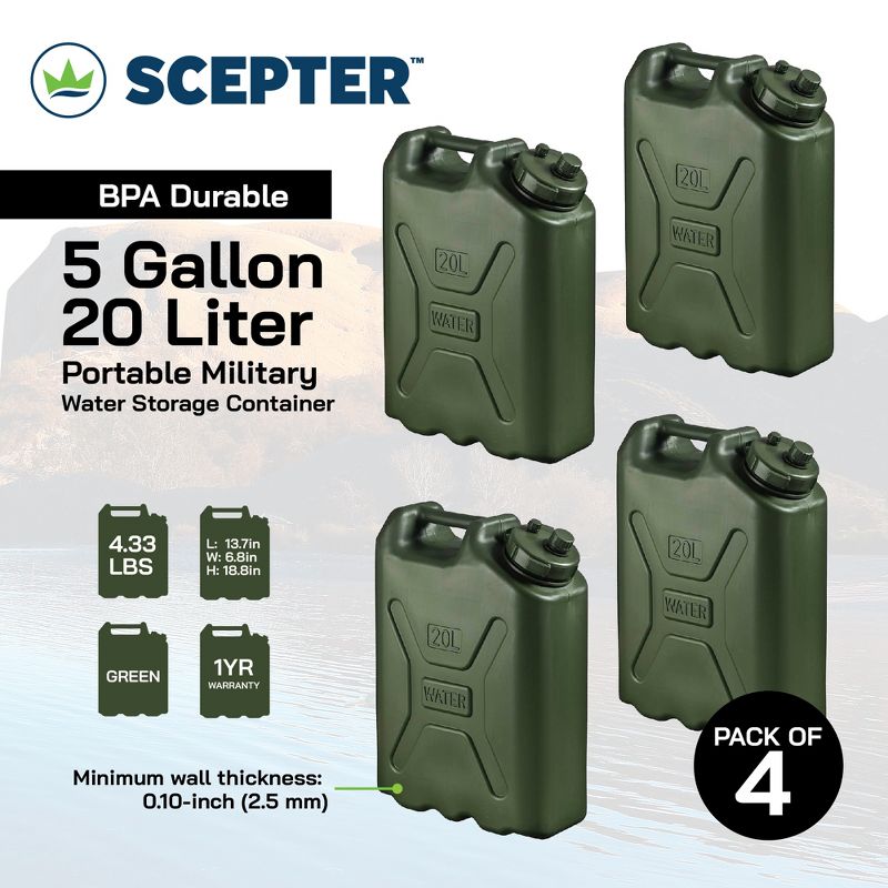 Scepter BPA Durable 5 Gallon 20 Liter Portable Military Water Storage Container for Camping, Outdoors and Emergency Management, Green (4 Pack), 3 of 7