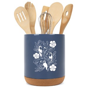 Elanze Designs 8 inch Floral Toucan Large Ceramic Kitchen Utensil Holder Navy Blue and White Crock with Cork Base - 1 of 4