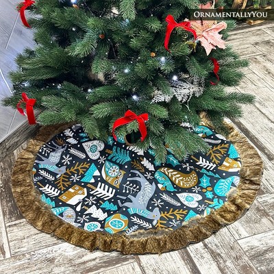 Scandinavian Folk Woodland Animal Faux Suede Christmas Tree Skirt, 60 Inches