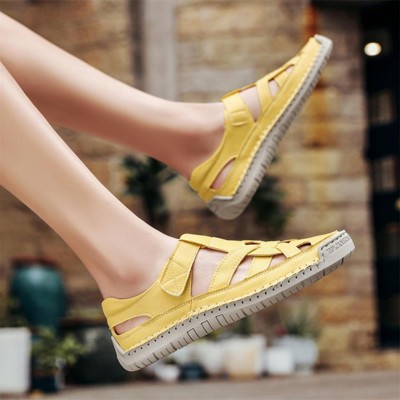 Clotth Women's Leather Cutout Closed Toe Fisherman Sandals Comfortable Sole Flat Sandals with Hook and Loop Athletic Beach Shoes