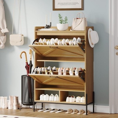 Garvee Shoe Cabinet with 2 Flip-Up Drawers, Hidden Shoe Storage Cabinet with Open Storage for Entryway, Hallway, Bedroom, Naturel