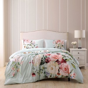 Bebejan Rose on Misty Green 200 Thread Count 100% Cotton Sateen 3 Piece Reversible Duvet Cover Set - 1 of 3