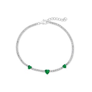 Bella Silver Sterling Silver, Heart CZ Tennis Bracelet - Emerald CZ - Green - 7+1 Inch - 1 of 2