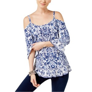 I.N.C International Concepts Womens Mixed-Print Floral Knit Blouse, Blue, Small - 1 of 1