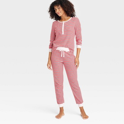 Image of Women's Striped Thermal Long Sleeve Henley Top and Jogger Pants Pajama Set - Auden™ Red S
