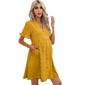 Maternity Swiss Dot Dress Summer V Neck Short Sleeve Button Down Mini Dress Baby Shower Photoshoot with Pockets - 1 of 4