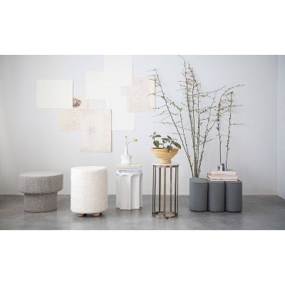 Cream Round Cotton Sherpa Pouf with Pine Legs
