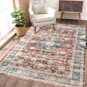 Vintage Oriental Rug Boho Distressed Area Rug Floral Medallion Carpet - 1 of 4