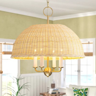 Rennnsan Voressa 20"W 4-Light Dome Woven Ratten Boho Dimmable Chandelier in Gold