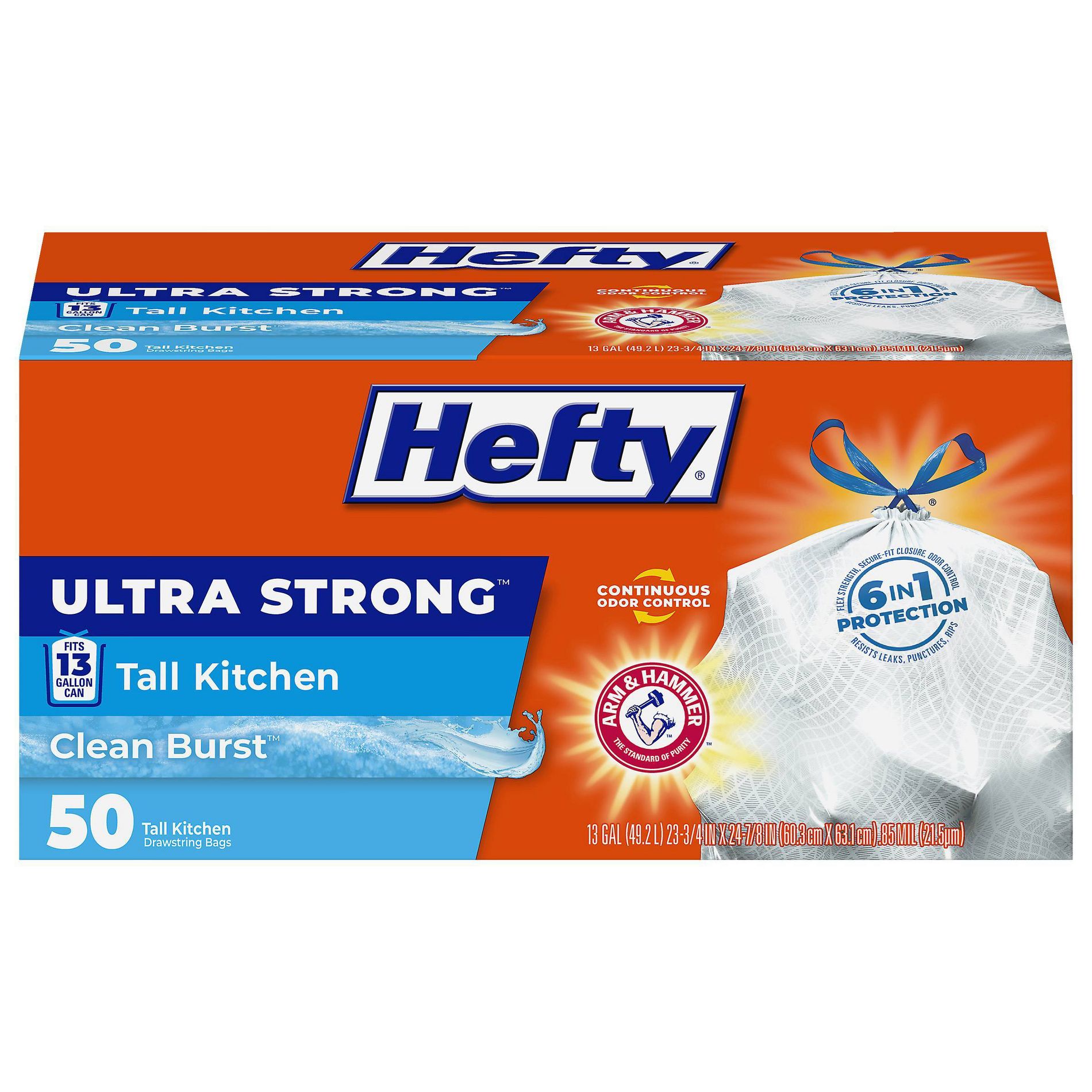 Hefty Ultra Strong Tall Kitchen Drawstring Trash Bags - Clean Burst Scent - 13gal - 50ct: Flexible Polyethylene, Odor Control