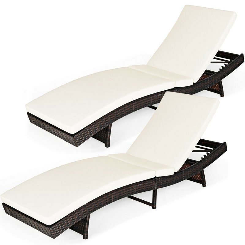 Costway 2PCS  Patio Rattan Folding Lounge Chair Chaise Adjustable White Cushion, 3 of 11