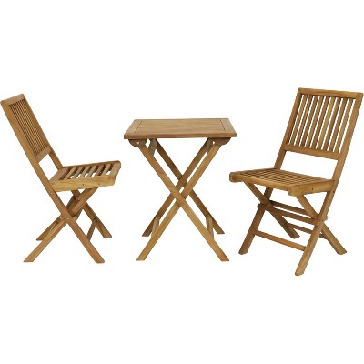 Sunnydaze Outdoor Solid Teak Wood with Stained Finish Nantasket Folding Bistro Table and Chairs - Brown - 3pc