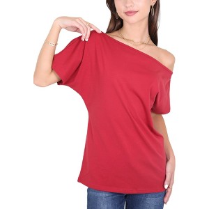 Anna-Kaci Women's Solid Cotton Stretchy Confident  Off Shoulder Casual T-Shirt Blouse - 1 of 4