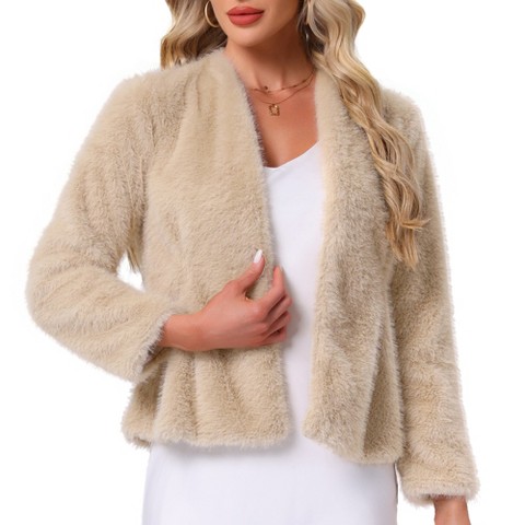 INSPIRE CHIC Women's Winter Faux Fur Casual Long Sleeve Shaggy Warm Cropped Jacket X-Large Champagne Gold