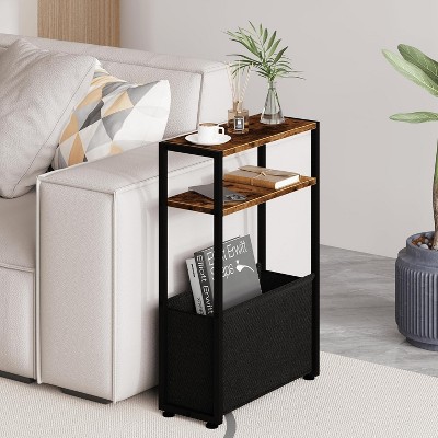 Narrow Side Table, Slim End Tables with Fabric Basket, Skinny Table for Small Spaces, Thin Bedside Table