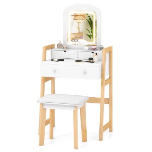Tangkula Vanity Desk Set w/ Mirror 3-Color LED Lights Drawers Solid Pine Wood Legs White - 1 of 4