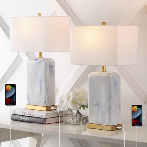 JONATHAN Y Chloe (Set of 2) 24.5" Modern Iron/Marble Ceramic Table Lamps with USB Charging Port (Includes LED Light Bulb): ETL Listed, Linen Shade - 1 of 4