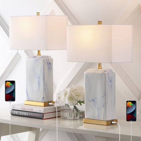 JONATHAN Y Chloe (Set of 2) 24.5" Modern Iron/Marble Ceramic Table Lamps with USB Charging Port (Includes LED Light Bulb): ETL Listed, Linen Shade - image 1 of 4