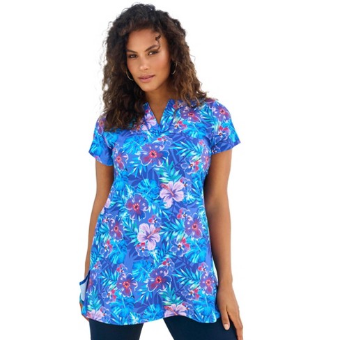 Swim 365 Women's Plus Size Longer Length Short-Sleeve Swim Tunic - 10,  Electric Iris Hibiscus