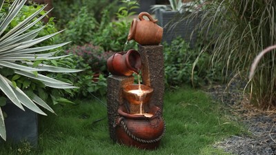 Rustic Brown Poly Resin 3-Tier Outdoor Fountain with LED Lights